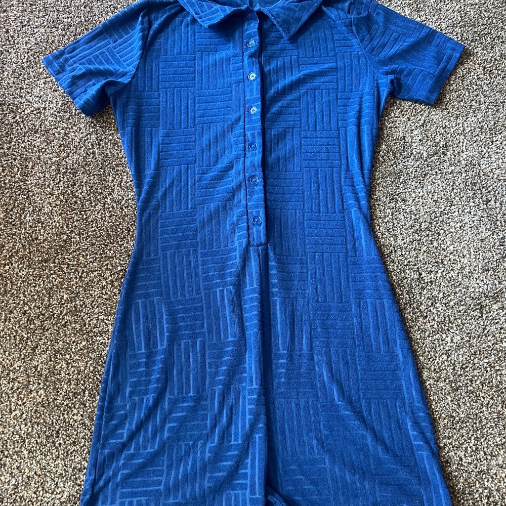 Amazon Blue Ribbed Polo Collar Jumpsuit Casual - Picture 1 of 2